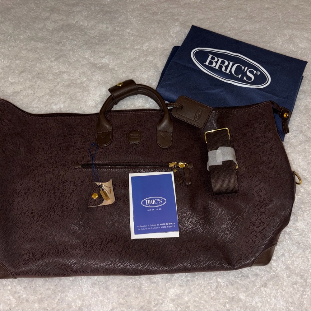 Bric's Dark Brown Pebbled Leather Duffel with Gold Hardware